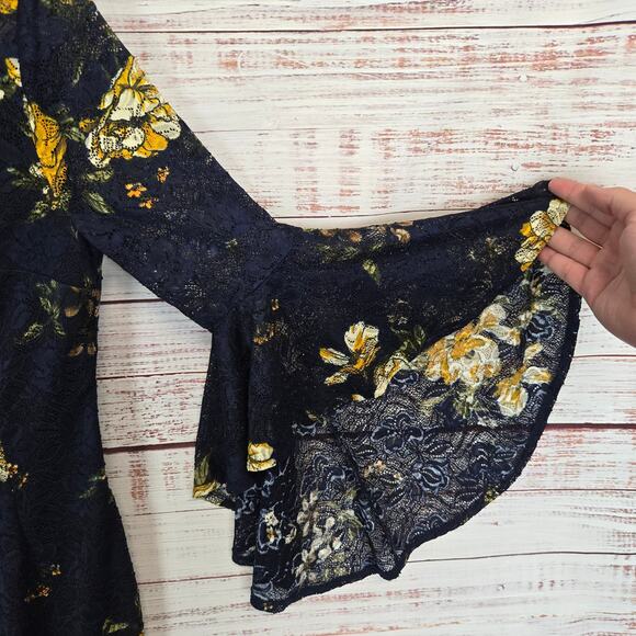 Dark Blue Lace Dress Yellow Roses M Bell Sleeve Line Whimsigoth Fairy Witch NWT - Picture 4 of 16